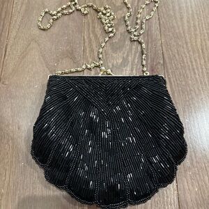 Vintage black beaded shell bag with gold hardware!